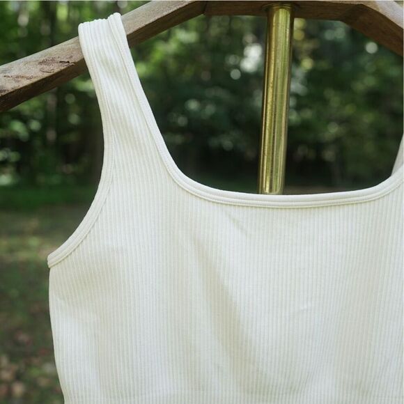 OQQ Ivory White Ribbed Square Neck Tank Bodysuit - Picture 3 of 6